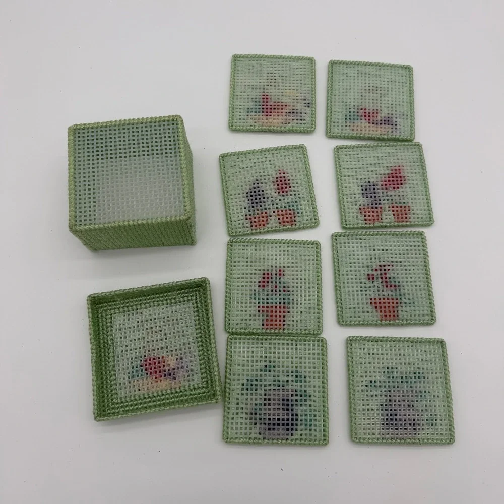 Handmade Needlepoint Coaster Set with Box‎ 8pc Mint Green Floral Vintage 4x4